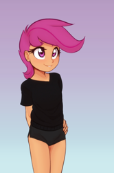 Size: 1082x1627 | Tagged: safe, artist:scorpdk, edit, scootaloo, human, adorasexy, alternate hairstyle, arm behind back, blushing, booty shorts, child, clothes, cute, cutealoo, delicious flat chest, eyelashes, female, gradient background, hand on hip, humanized, pants, purple eyes, sexy, short pants, shorts, simple background, small breasts, smiling, solo, underage, young