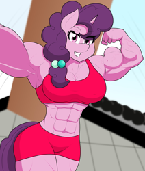 Size: 1685x1985 | Tagged: safe, alternate version, artist:matchstickman, derpibooru import, sugar belle, anthro, unicorn, abs, armpits, biceps, breasts, busty sugar belle, clothes, dumbbell (object), female, flexing, flexing muscles, grin, gym, gym shorts, looking at you, mare, muscles, muscular female, pecs, selfie, smiling, solo, sugar barbell, thighs, thunder thighs