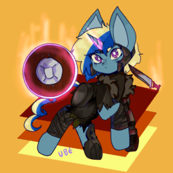 Size: 1000x1000 | Tagged: safe, artist:ube, artist:ubebreb, derpibooru import, oc, pony, unicorn, fallout equestria, animated, ashes town, bandage, blood, blood stains, buckler, dagger, dishonorable defense, fallout equestria oc, gif, gift art, horn, pony oc, unicorn oc, weapon