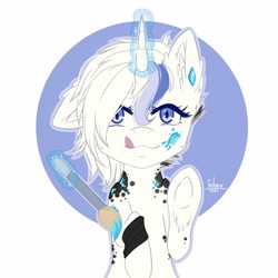 Size: 3000x3000 | Tagged: safe, artist:inlaru, derpibooru import, oc, oc:picallo, pony, unicorn, brush, ear fluff, ears, halfbody, horn, magic, painting, ponyfications, pots, simple background, solo, ton, unicorn oc