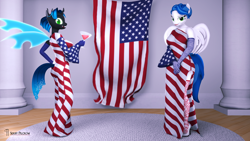 Size: 3840x2160 | Tagged: safe, artist:seriff-pilcrow, derpibooru import, oc, oc:lacuna, anthro, changeling, plantigrade anthro, 3d, 4th of july, american flag, carpet, clothes, disguise, disguised changeling, dress, flag, glass, gloves, gown, high heels, holiday, self ponidox, shoes, side slit, source filmmaker, stockings, thigh highs