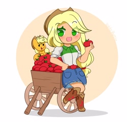Size: 4096x3927 | Tagged: safe, artist:kittyrosie, derpibooru import, applejack, earth pony, pony, equestria girls, apple, applejack's hat, blushing, boots, chibi, clothes, cowboy boots, cowboy hat, cowgirl, cute, denim skirt, food, freckles, hat, human coloration, jackabetes, open mouth, self ponidox, shoes, skirt, stetson