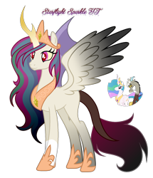 Size: 1530x1779 | Tagged: safe, artist:starflightsparkleyt, derpibooru import, discord, princess celestia, oc, alicorn, hybrid, pony, dislestia, female, interspecies offspring, male, mare, offspring, parent:discord, parent:princess celestia, parents:dislestia, shipping, simple background, straight, transparent background