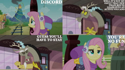 Size: 1280x720 | Tagged: safe, derpibooru import, edit, edited screencap, editor:quoterific, screencap, discord, fluttershy, draconequus, pegasus, pony, dungeons and discords, season 6, bag, discord being discord, eyes closed, female, fluttershy is not amused, male, mare, open mouth, saddle bag, train station, unamused