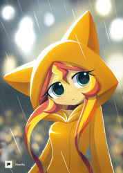 Size: 1000x1407 | Tagged: safe, artist:howxu, derpibooru import, sunset shimmer, equestria girls, blushing, choker, clothes, colored pupils, cute, female, hoodie, looking at you, rain, raincoat, shimmerbetes, solo