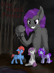 Size: 3024x4032 | Tagged: safe, artist:officiallunardj, derpibooru import, oc, oc:amplitude, oc:ebony rain, oc:fritzy, oc:smithy, bat pony, pegasus, pony, blair witch project, commission, evil grin, female, forest background, grin, male, scared, smiling