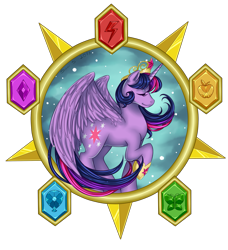 Size: 1657x1816 | Tagged: safe, artist:dragonina, derpibooru import, twilight sparkle, twilight sparkle (alicorn), alicorn, pony, element of generosity, element of honesty, element of kindness, element of laughter, element of loyalty, element of magic, elements of harmony, eyes closed, female, mare, raised hoof, raised leg, simple background, solo, transparent background