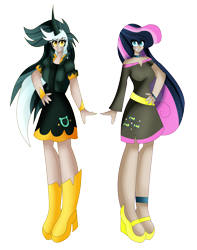 Size: 5789x7331 | Tagged: safe, artist:eeveeglaceon, derpibooru import, bon bon, lyra heartstrings, sweetie drops, human, absurd resolution, duo, duo female, evil grin, female, grin, horn, horned humanization, humanized, nightmare bonbon, nightmare lyra, nightmarified, simple background, smiling, transparent background