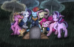 Size: 2048x1325 | Tagged: safe, artist:mscolorsplash, derpibooru import, fluttershy, luster dawn, pinkie pie, rainbow dash, rarity, starlight glimmer, earth pony, pegasus, pony, unicorn, bouquet, crying, ears, female, floppy ears, flower, future, grave, gravestone, implied applejack, implied death, levitation, magic, mare, mourning, mouth hold, older, older fluttershy, older pinkie pie, older rainbow dash, older rarity, older starlight glimmer, rain, sad, telekinesis, umbrella