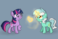 Size: 5159x3491 | Tagged: safe, artist:background basset, derpibooru import, lyra heartstrings, twilight sparkle, twilight sparkle (alicorn), alicorn, pony, unicorn, duo, female, glowing horn, heart, horn, magic, simple background