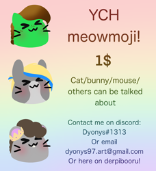 Size: 1342x1471 | Tagged: safe, artist:dyonys, derpibooru import, cat, mouse, bunny ears, commission, cute, emoji, text, ych example, your character here