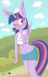 Size: 790x1268 | Tagged: safe, artist:snuggleb4cuddle, derpibooru import, twilight sparkle, twilight sparkle (alicorn), alicorn, anthro, belly button, big ears, cheek fluff, clothes, ears, female, solo, tongue, tongue out