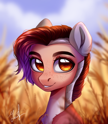 Size: 1236x1426 | Tagged: safe, artist:dashameleshkina666, derpibooru import, oc, oc only, pony, bust, female, field, food, freckles, helmet, wheat