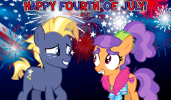 Size: 2063x1204 | Tagged: safe, anonymous artist, derpibooru import, plaid stripes, star tracker, earth pony, 2021, 4th of july, american independence day, colt, female, filly, fireworks, holiday, looking at each other, male, shipping, smiling, smiling at each other, song reference, starstripes, straight, youtube link