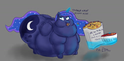 Size: 1280x634 | Tagged: safe, artist:doomlemon, derpibooru import, princess luna, alicorn, pony, belly, belly on floor, big belly, bingo wings, butt, chubby cheeks, eating, fat, fat wings, food, french fries, huge belly, huge butt, ketchup, large butt, levitation, magic, moonbutt, morbidly obese, neck roll, obese, princess moonpig, sauce, telekinesis, thicc ass, wings