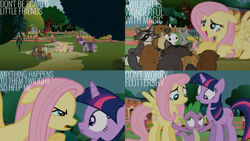 Size: 1280x720 | Tagged: safe, derpibooru import, edit, edited screencap, editor:quoterific, screencap, angel bunny, fluttershy, spike, twilight sparkle, unicorn twilight, dragon, pegasus, pony, rabbit, raccoon, unicorn, magic duel, season 3, animal, ears, female, floppy ears, male, mare, open mouth, spread wings, trio, wings