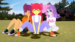 Size: 1366x768 | Tagged: safe, artist:legions20, derpibooru import, apple bloom, scootaloo, sweetie belle, equestria girls, 3d, black underwear, clothes, converse, cute, cutie mark crusaders, koikatsu, overalls, panties, panty shot, shoes, sitting, smiling, sneakers, underwear