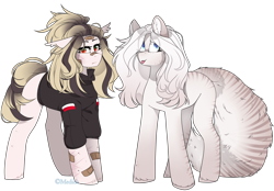 Size: 3276x2278 | Tagged: safe, artist:mediasmile666, derpibooru import, oc, oc only, pony, bandage, duo, ears, female, floppy ears, mare, simple background, standing, tongue, tongue out, transparent background