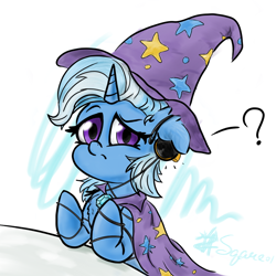 Size: 1080x1080 | Tagged: safe, artist:square#01, derpibooru import, trixie, pony, unicorn, clothes, earbuds, earpiece, female, hat, mare, solo, tangled up, trixie's hat, wires
