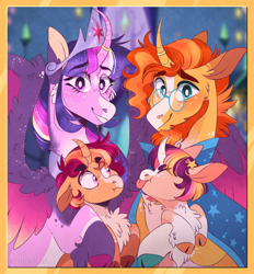 Size: 1280x1377 | Tagged: safe, artist:wanderingpegasus, derpibooru import, sunburst, twilight sparkle, twilight sparkle (alicorn), oc, oc:artemis, oc:dream weaver, alicorn, unicorn, beard, brother and sister, cheek fluff, chest fluff, cloak, clothes, cloven hooves, curved horn, facial hair, father and child, father and daughter, female, fluffy, glasses, horn, horn ring, jewelry, male, mother and child, mother and son, next generation, offspring, parent and child, parent:sunburst, parent:twilight sparkle, parents:twiburst, ring, shipping, siblings, straight, sunburst's cloak, sunburst's glasses, tiara, tongue, tongue out, twiburst