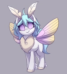 Size: 2000x2200 | Tagged: safe, artist:luminousdazzle, derpibooru import, oc, oc only, moth, mothpony, original species, pony, chest fluff, eye clipping through hair, female, gray background, looking at you, mare, no pupils, simple background, smiling, smiling at you, solo