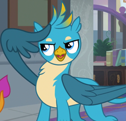 Size: 1127x1080 | Tagged: safe, derpibooru import, screencap, gallus, smolder, dragon, griffon, school daze, season 8, spoiler:s08, cropped, female, male, offscreen character, solo focus, wing hands, wings