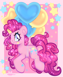 Size: 3300x4000 | Tagged: safe, artist:bunxl, derpibooru import, pinkie pie, earth pony, pony, balloon, cute, diapinkes, female, floating, happy, heart balloon, high res, mare, profile, smiling, solo, starry eyes, stars, then watch her balloons lift her up to the sky, wingding eyes