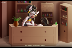 Size: 1800x1207 | Tagged: safe, artist:meowcephei, derpibooru import, oc, oc:crimsley, oc:crimsling, changeling, zebra, alchemy, beakers, black hooves, colored hooves, commission, countertop, disguise, disguised changeling, drawers, dreadlocks, dreads, ear piercing, earring, glasses, gold, hoof on chin, jewelry, knob, male, neck rings, piercing, ponytail, potions, potted plant, shelf, shop, stripes, text, unshorn fetlocks, vial, zebra oc