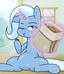 Size: 640x740 | Tagged: safe, alternate version, artist:batipin, derpibooru import, trixie, pony, unicorn, chubby, cinnamon nuts, eating, female, food, glowing horn, horn, mare, one eye closed, peanuts, solo
