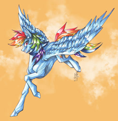 Size: 1024x1049 | Tagged: safe, artist:just-rat, derpibooru import, rainbow dash, pegasus, pony, female, flying, grin, mare, signature, simple background, smiling, solo, spread wings, wings, yellow background