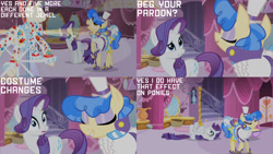 Size: 1280x720 | Tagged: safe, derpibooru import, edit, edited screencap, editor:quoterific, screencap, rarity, sapphire shores, earth pony, pony, unicorn, a dog and pony show, season 1, carousel boutique, clothes, dizzy, dress, eyes closed, female, mannequin, mare, open mouth