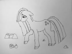 Size: 1197x896 | Tagged: safe, artist:autumnsfurart, derpibooru import, marble pie, earth pony, pony, apple, cloven hooves, female, food, lineart, mare, raised hoof, raised leg, solo, traditional art