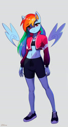 Size: 1400x2620 | Tagged: safe, artist:mrscroup, derpibooru import, rainbow dash, anthro, pegasus, plantigrade anthro, blushing, breasts, cleavage, clothes, delicious flat chest, female, floating wings, jacket, jewelry, mare, midriff, necklace, rainbow flat, shoes, shorts, simple background, small breasts, sneakers, solo, sports bra, sports shorts, twilight sparkle's cutie mark, white background, wings