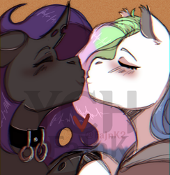 Size: 1056x1080 | Tagged: safe, artist:fajnk, derpibooru import, oc, oc only, changeling, pegasus, blushing, changeling oc, clothes, colored, colored sketch, commission, cute, female, kissing, lesbian, love, lovely, mare, pegasus oc, sketch, soft, ych example, ych result, your character here