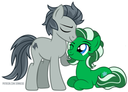 Size: 1200x863 | Tagged: safe, artist:jennieoo, derpibooru import, oc, oc:emerald snow, oc:steel mustang, earth pony, pony, couple, kiss on the head, lovers, lying down, simple background, transparent background, vector