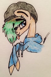 Size: 1764x2657 | Tagged: safe, artist:beamybutt, derpibooru import, oc, oc only, earth pony, pony, :p, beanie, bust, clothes, earth pony oc, hat, hoodie, male, signature, smiling, solo, stallion, tongue, tongue out, traditional art