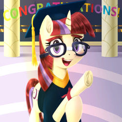 Size: 2000x2000 | Tagged: safe, artist:darksly, derpibooru import, moondancer, pony, unicorn, 2021, cute, dancerbetes, diploma, female, glasses, graduation, graduation cap, happy, hat, looking at you, mare, newbie artist training grounds, open mouth, solo