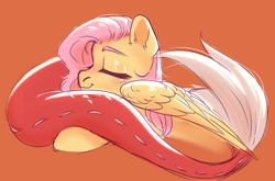 Size: 1500x987 | Tagged: safe, artist:nika-rain, derpibooru import, discord, fluttershy, draconequus, pegasus, pony, cute, eyes closed, female, male, offscreen character, orange background, simple background, sketch, smiling, solo focus, tail