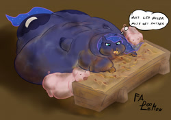 Size: 1280x895 | Tagged: safe, artist:doomlemon, derpibooru import, princess luna, alicorn, pig, pony, belly, big belly, bingo wings, butt, chubby cheeks, dirty, double chin, eating, fat, fat wings, huge belly, huge butt, impossibly large belly, large butt, messy eating, moonbutt, morbidly obese, obese, princess moonpig, rolls of fat, slob, slop, thicc ass, thought bubble, trough, weight gain, wings