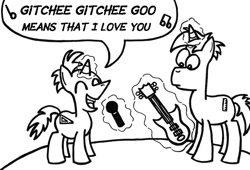 Size: 696x474 | Tagged: safe, artist:samueleallen, derpibooru import, pony, unicorn, electric guitar, eyes closed, gitchee gitchee goo, guitar, microphone, monochrome, musical instrument, phineas and ferb, ponified, singing, song parody, song reference, word balloon