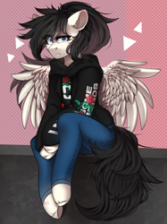 Size: 1594x2130 | Tagged: safe, artist:mediasmile666, derpibooru import, oc, oc only, anthro, pegasus, unguligrade anthro, clothes, female, hoodie, jeans, looking at you, mare, pants, sitting, solo, wings