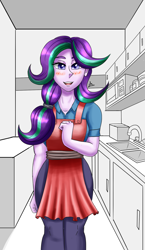 Size: 1100x1900 | Tagged: safe, artist:zachc, derpibooru import, starlight glimmer, equestria girls, alternate hairstyle, apron, blushing, clothes, female, kitchen, looking at you, solo