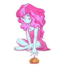 Size: 1800x1800 | Tagged: safe, artist:kul, derpibooru import, kiwi lollipop, equestria girls, barefoot, breasts, cleavage, clothes, creepy, crossed legs, dress, feet, mouthless, simple background, solo, time twirler