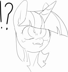 Size: 1823x1941 | Tagged: safe, artist:baigak, derpibooru import, twilight sparkle, pony, unicorn, confused, exclamation point, female, interrobang, looking up, mare, monochrome, question mark, reaction image, simple background, sketch, solo, white background
