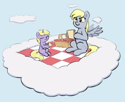 Size: 3396x2776 | Tagged: safe, artist:heretichesh, derpibooru import, derpy hooves, dinky hooves, pegasus, pony, unicorn, /mlp/, basket, cloud, cute, derpabetes, dinkabetes, drawthread, duo, eyes closed, female, food, hoof hold, mother and child, mother and daughter, parent and child, picnic, picnic basket, picnic blanket, sandwich