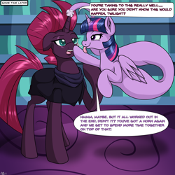 Size: 2000x2000 | Tagged: safe, artist:novaspark, derpibooru import, tempest shadow, twilight sparkle, twilight sparkle (alicorn), alicorn, pony, unicorn, boop, clothes, dialogue, duo, duo female, elongated body, female, high res, horn, horn vore, post-vore, tempest gets her horn back, tongue, tongue out, transformation, vore