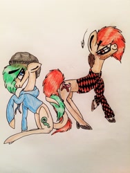 Size: 2448x3264 | Tagged: safe, artist:beamybutt, derpibooru import, oc, oc only, earth pony, pony, beanie, clothes, duo, earth pony oc, glasses, hat, hoodie, jacksepticeye, male, markiplier, ponified, raised hoof, raised leg, shipping, signature, smiling, stallion, traditional art
