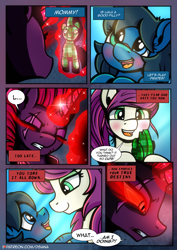Size: 2480x3508 | Tagged: safe, artist:dsana, derpibooru import, tempest shadow, oc, oc:lullaby dusk, oc:thistledown, earth pony, pegasus, pony, unicorn, comic:a storm's lullaby, comic, female, filly, flashback, glowing eyes, glowing horn, horn, mare, plushie, resisting, scar, tempest gets her horn back
