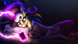 Size: 1536x864 | Tagged: safe, artist:calena, derpibooru import, oc, oc only, oc:trinity deblanc (new), crystal pony, original species, unicorn, adorable face, bed, cellphone, crystal, crystal horn, cute, ear piercing, earbuds, frog (hoof), headphones, hooves, horn, jewelry, light, lying down, magic, male, multicolored hair, multicolored mane, multicolored tail, new design, night, original character do not steal, phone, piercing, pillow, redesign, smartphone, solo, underhoof, window
