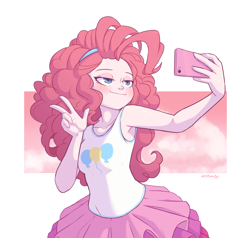 Size: 2100x2000 | Tagged: safe, artist:skittlebuggy, derpibooru import, pinkie pie, equestria girls, equestria girls series, female, high res, lidded eyes, peace sign, phone, selfie, solo, taking a photo